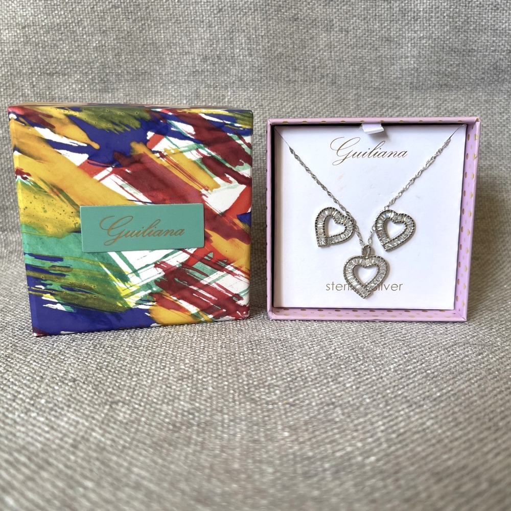 Sterling Silver CZ Baguette Heart Necklace and Earrings Set Gift‎ Girlfriend Mom